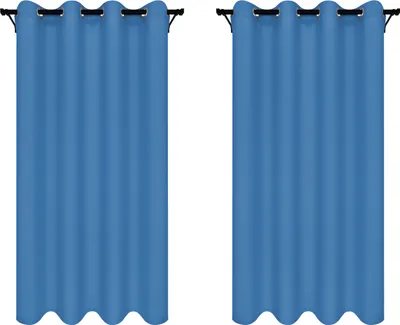 Two blue curtains hanging on a rod against a white background.
