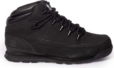 A black Timberland boot is shown against a white background.
