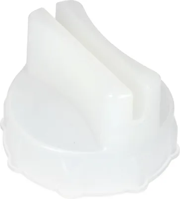 A white plastic cap with a split opening on top, sitting on a white background.
