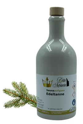 Produktbild von Dufte Momente | Saunaduft Konzentrat Edeltanne 500ml in weißer Steingutflasche | naturreine und natürliche ätherische Öle | vegan, ohne Tierversuche
