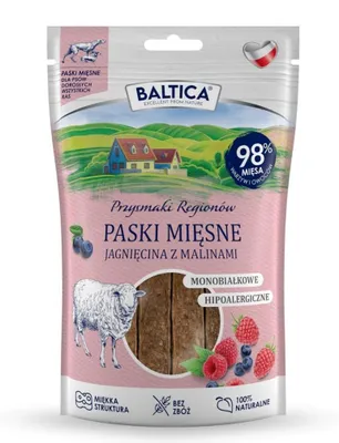 Produktbild von BALTICA Przysmaki Regionów Mono Fleischstreifen Lamm mit Himbeeren – Leckerli für Hunde – 90 g
