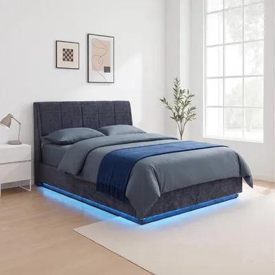 Produktbild von LED Polsterbett 'Tröstiar' mit Bettkasten Leinen 140 x 200 cm Blau