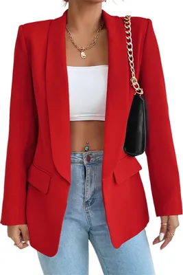 Produktbild von ASKSA Damen Blazer Revers Einfarbig Casual Cardigan Langarm Elegant Business Anzuege Jacke mit Tasche, Rot, L