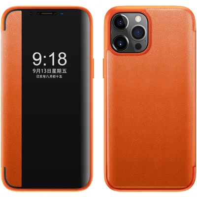 Obrázek produktu pro Pouzdro pro iPhone 13 Pro tenkéPolyuretankožené klopové pouzdro s okénkem pro zobrazení Pomerančový