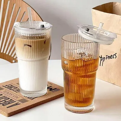 Image de Verres à eau 600 ml - Lot de 2 - Avec couvercle/paille - Lavables au lave-vaisselle - Verres à cocktails - Qualité supérieure - Verres à jus