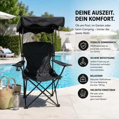 Produktbild von BigDean Campingstuhl mit Sonnendach schwarz, faltbar, Getränkehalter, Tragetasche, Klappstuhl mit Dach, Angler- & Campingstuhl