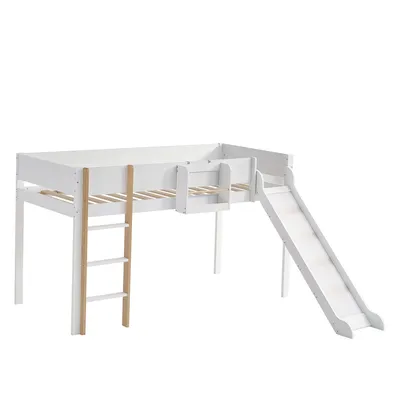 Produktbild von Hochbett mit Lattenrost, Leiter und Rusche, 90x200 cm, Kinderbett mit Rausfallschutz, Einzelbett