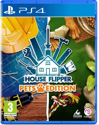 The image is a collage showing elements of the House Flipper - Pets Edition game for PlayStation 4. One side depicts construction tools and blueprints, while the other shows a dog's paws, a dog toy, and greenery.
