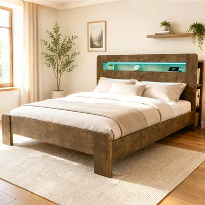 Produktbild von Merax Holzbett Bettgestell 180x200cm mit Stauraum Kopfteil, Plattformbett mit LED-Beleuchtung, Multifunktionsbett Doppelbett mit Steckdosen, Braun