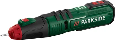 A cordless hot glue gun with a needle-like tip, branded PARKSIDE.