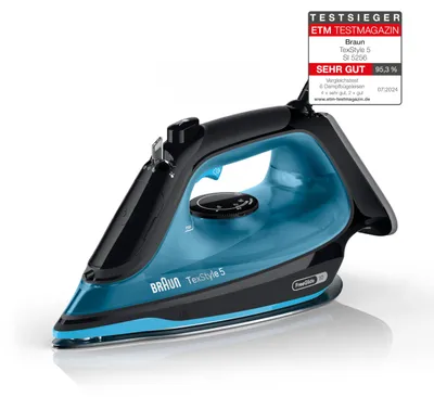 Produktbild von Braun TexStyle 5, Dampfbügeleisen, Keramik-Bügelsohle, 2 m, 210 g/min, Schwarz, Blau, 50 g/min