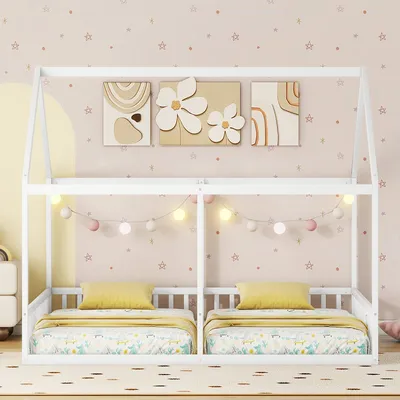 Produktbild von Kinderbett, 90x200 cm, Hausbett mit 2 Schlafgelegenheiten und Lattenrost, Holzbett aus Kiefer, Jugendbett