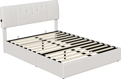 Produktbild von Fortuna Lai Polsterbett 160x200 cm mit Stauraum, Doppelbett Jugendbett mit Kopfteil, LED-Beleuchtung, USB-Anschluss, Weiß, Schafwolle,  350 kg Tragkraft