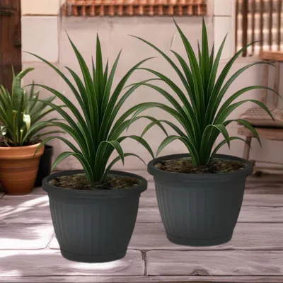 Immagine prodotto di 2 vasi da fiori rotondi antracite con drenaggio - resistenti ai raggi UV, alle intemperie e sostenibili - 25 cm x 20 cm, 5,4 l