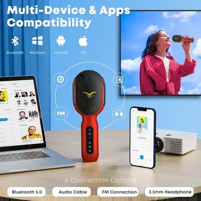 Produktbild von Karaoke-Mikrofon, kabelloses Bluetooth-Mikrofon, tragbar, mit LED-Beleuchtung, für Kinder, mit Musikaufnahme- und Begleitfunktion