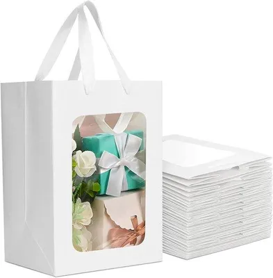 Produktbild von Kraftpapier Geschenktüten mit Fenster und Griffen, wiederverwendbar, 18x13x25cm, 12er Pack