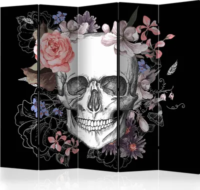 Produktbild von 5-teiliger Doppelseitiger Vlies Paravent - Skull and Flowers II 225x172 cm n-B-0029-z-c