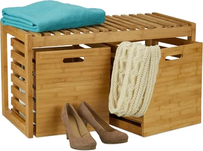 Image de Meuble d'entrée avec espace de rangement - Bambou - 2 boîtes de rangement - Idéal pour l'entrée ou le couloir - Rangement chaussures - Dimensions : 44,5 x 80 x 40 cm - Naturel