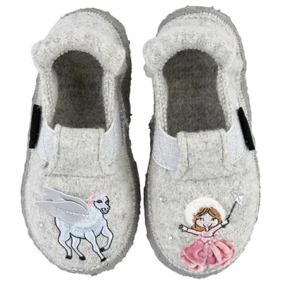 A pair of children's slippers with fairy and unicorn motifs.
