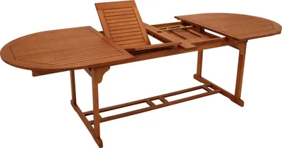 A wooden garden table, extended to show its full length, against a white background.