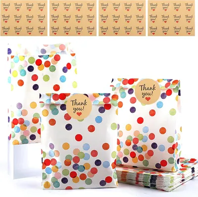 Produktbild von 40 Stück Geschenktüten Kindergeburtstag, Mitgebsel Tüten mit 48 Aufkleber, Papiertüten Kindergeburtstag, Geburtstagstüten Kinder, Geschenktüten Klein für Mitgebsel Kindergeburtstag, Hochzeit, Party #1 Runde Punkte | 40 Stück