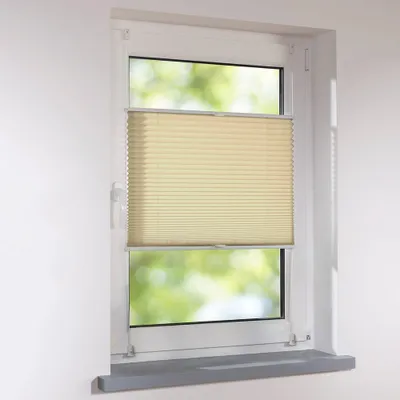 A close-up view of a beige pleated blind installed on a window.