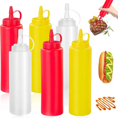 Produktbild von Plastik Quetschflasche, 6 Stück 250ml Squeeze Flasche aus Kunststoff, Quetschflasche mit Kappe, Ketchup Spender, Soßen Flasche, Quetschflasche Küche für Ketchup, Senf, Mayo, Soßen, Olivenöl
