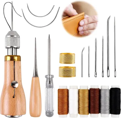 Produktbild von Leder Nähwerkzeug Set, 19-teiliges Nähset mit Nähnadeln und Fingerhut - Für Anfänger und Profis