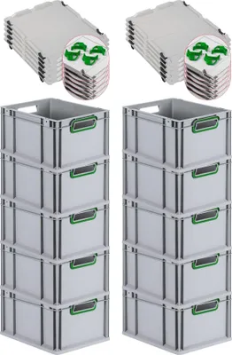 Produktbild von SparSet 10x Eurobox NextGen Color mit Auflagedeckel und Schiebeschnappverschlüsse | HxBxT 22x30x40cm | 20 Liter | Grau | Griffe grün offen | Glatter Boden | Eurobehälter, Transportbox, Transportbehälter, Stapelbehälter