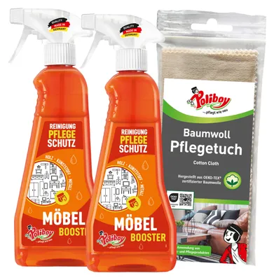 Produktbild von Poliboy Möbel Booster - 2x375ml - entfernt Schmutz und Staub auf Holz-, Kunststoff- und Metallmöbeln - mit Baumwolltuch - 99A2101