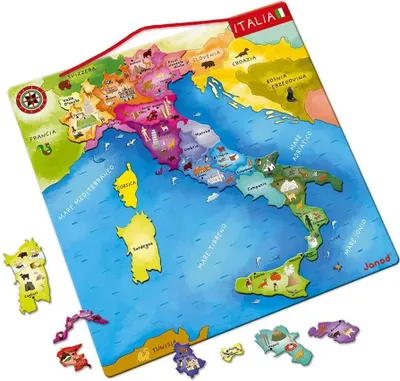 A colorful puzzle map of Italy with various regions and islands as individual pieces. Several puzzle pieces are shown scattered around the main map.