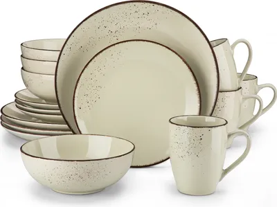 A set of beige ceramic dishes with a speckled pattern and brown rim, arranged on a white background.