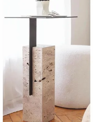 Produktbild von Casa Padrino Luxus Travertin Beistelltisch mit Metall Tischplatte Beige / Schwarz H. 70 cm