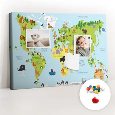 Obrázek produktu pro Korková nástěnka s kolíčky - Tabule s kolíky pro fotografie a poznámky - 60x40 cm - Připínáčky barevné 100 kusů - Mapa světa se zvířaty