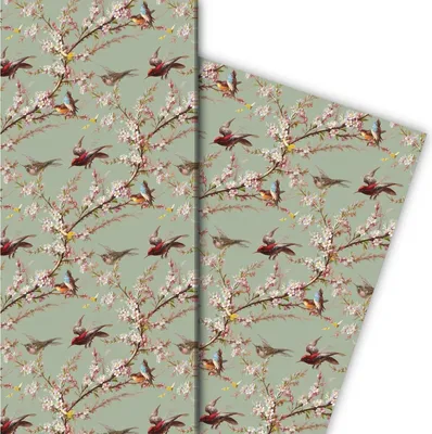 Produktbild von Frühlings Geschenkpapier mit Blüten und Vögeln auf grün - G7725, 32 x 48cm