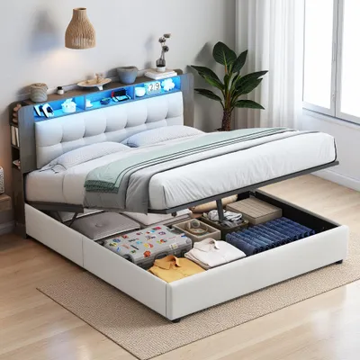 A modern bed with storage and LED lighting.
