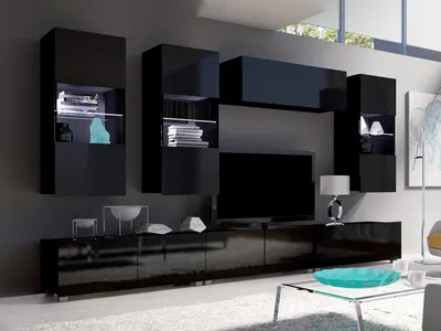 Produktbild von Wohnwand CALABRINI-11 Wohnzimmer-Set Hängewohnwand Schrankwand mit LED-Beleuchtung TV-Schrank Vitrine Moderne Anbauwand Hochglanz (Schwarz)