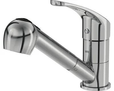 A chrome kitchen faucet with a pull-out spray head, shown against a white background.