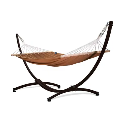 Produktbild von Potenza Outdoor Hängematte mit Gestell für 2 Personen I Stabhängematte XXL 220x160, 200kg I Braun Hängemattengestell 220kg Wetterfest
