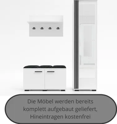 Produktbild von Garderobenset PIK-2, Dielenset, Flurgarderobe Garderobenschrank, Schuhschrank, Wandregal, fertig aufgebaut, Farbe: Weiß