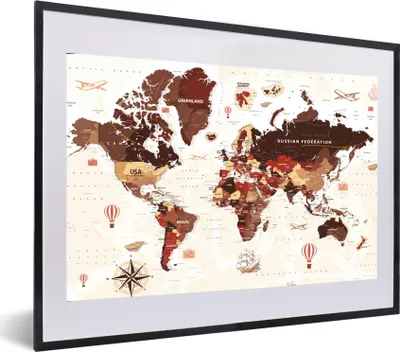 Produktbild von MuchoWow® MuchoWow® Gerahmtes Poster Weltkarte - Braun - Rot 60x40 cm - Poster mit zchwarzem Bilderrahmen - Schlafzimmer - Plakat in Rahmen - Drucken