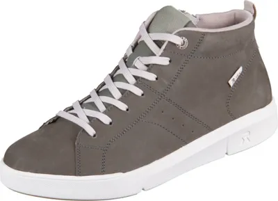 A single gray high-top sneaker with white laces and a white sole is shown against a white background.