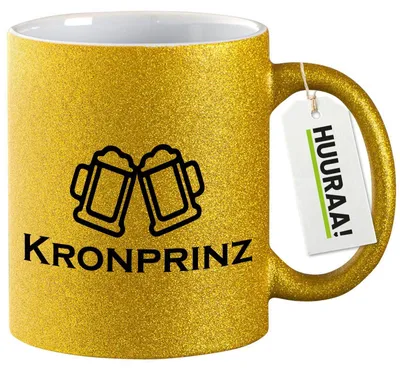 Produktbild von Huuraa Glitzertasse Kronprinz Schützenfest 330ml Gold Keramik Kaffeebecher Geschenkidee