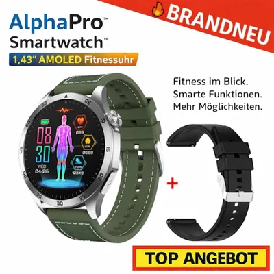 Immagine prodotto di AlphaPro™ Smartwatch 1,43" AMOLED Orologio fitness Frequenza cardiaca SpO2 Bluetooth: Verde Pelle finta