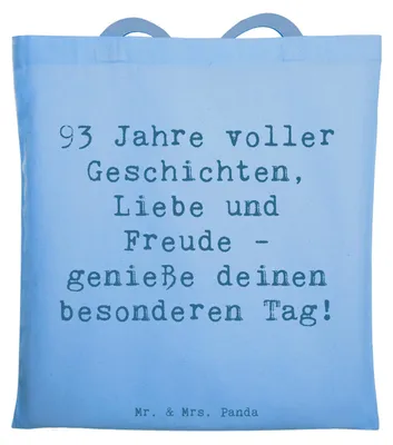 Produktbild von Mr. & Mrs. Panda Shopping Tasche Spruch 93. Geburtstag Freude - Sky Blue - Geschenk, Laptoptasche, Happy Birthday, Jubiläum, Geburtstagsgeschenk, Freunde, Stoffbeutel