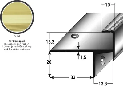Produktbild von Laminat-Parkett-Treppenkante / Winkelprofil "Cardale", Einfasshöhe 13,3 mm, 33 mm breit, Aluminium eloxiert, gebohrt-goldfarbig-1000