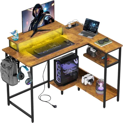 Produktbild von L-förmiger Gaming-Eckschreibtisch, 110x80 cm, mit RGB-Licht und Steckdosen, inklusive Monitorhalter, Haken und Ablage, nutzbar für Homeoffice