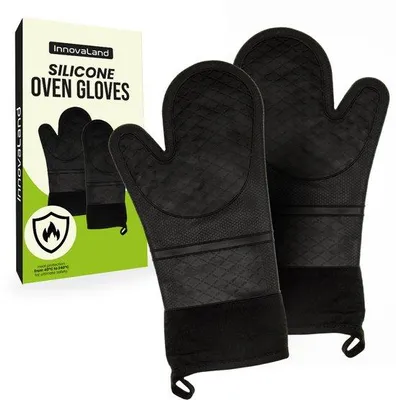 Produktbild von Unyqoos® Silikon-Ofenhandschuhe 2er-Set – gepolstert & rutschfest, hitzebeständig bis 230 °C, extra lang, schwarz, , 36×18×2,5 cm – für Ofen & Grill