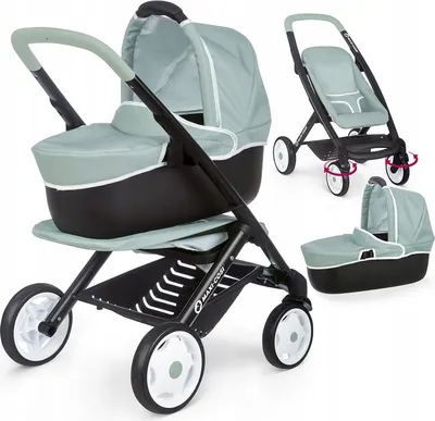 A collage of a 3-in-1 doll stroller, showing the main stroller with bassinet, a separate stroller seat, and a separate bassinet.