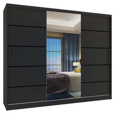 Image de BELINI Verona : Armoire coulissante de 232 cm, finition noire mate - Armoire avec miroir et 4 tiroirs, idéale pour la chambre